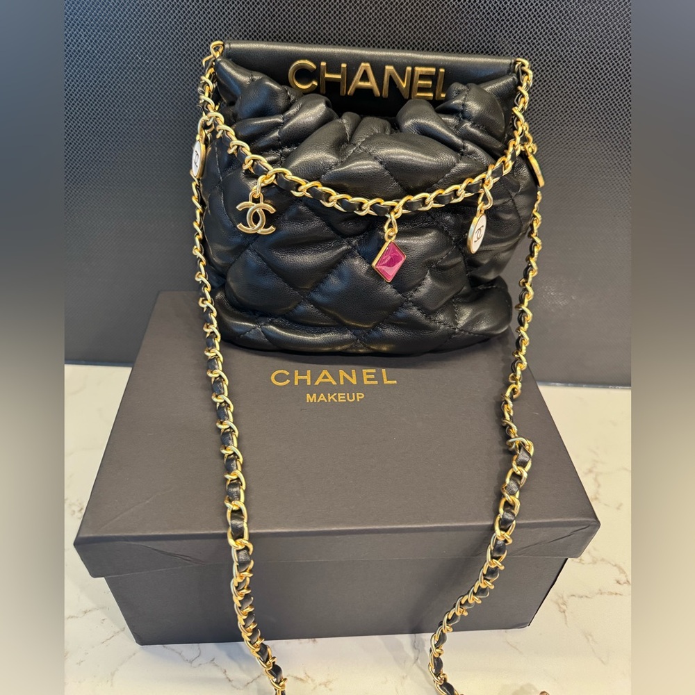 Chanel Makeup Bag crossbody purse chain CC black charm bucket bag pouch